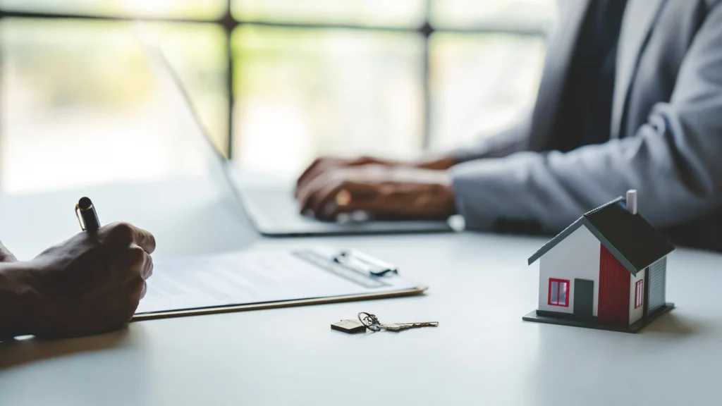 Person unterschreibt Dokument neben Hausmodell und Wohnungsschlüssel als Symbol für Mietrecht und Eigentümerwechsel