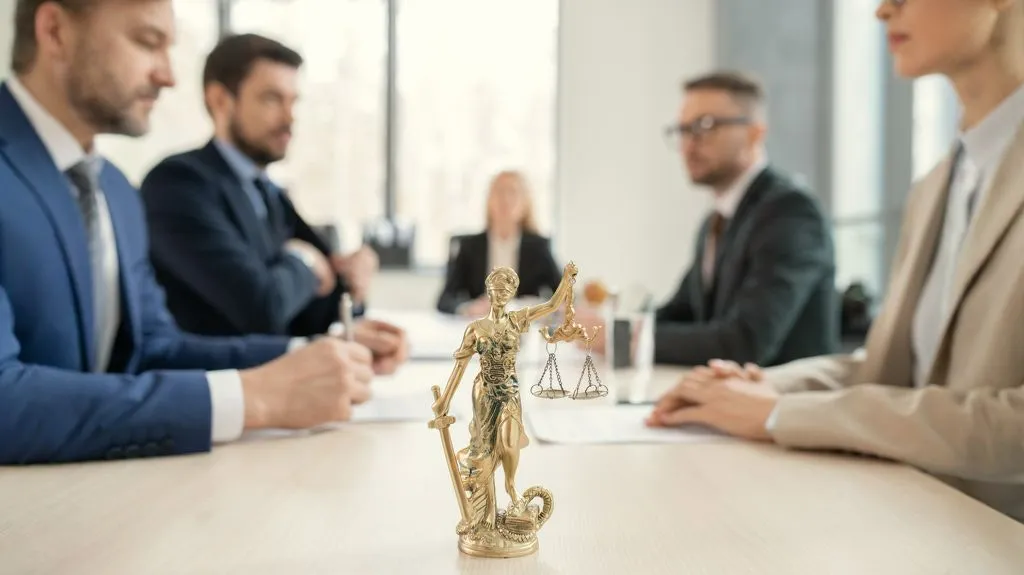 Verhandlungssituation mit Anwälten und Justitia Symbol zum Ablauf einer Kündigungsschutzklage