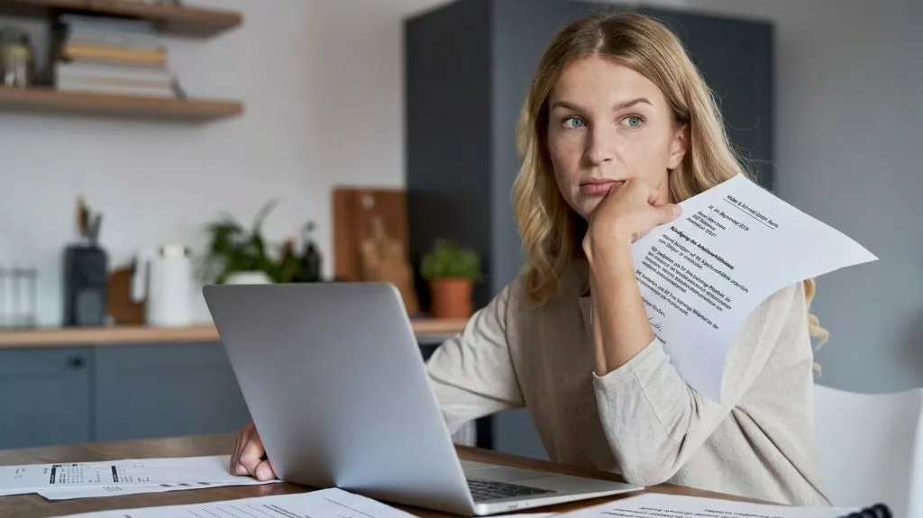 Arbeitnehmerin hält Kündigungsschreiben und denkt über Kündigungsschutzklage am Laptop nach