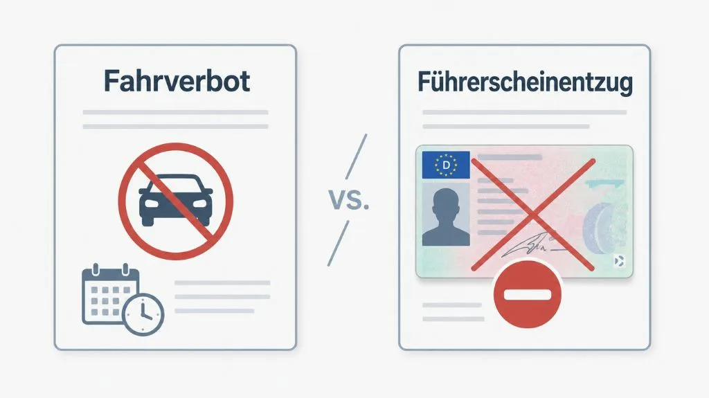 Grafik vergleicht Fahrverbot und Führerscheinentzug mit Symbolen für Auto, Kalender und Führerschein