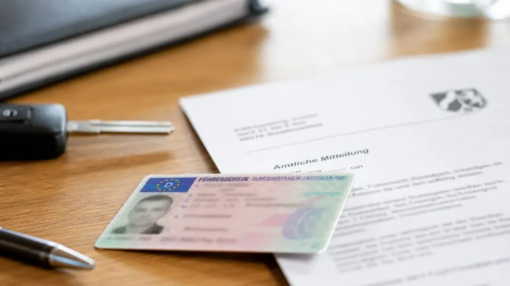 Führerschein weg: Führerscheinkarte liegt neben amtlicher Mitteilung zum Entzug der Fahrerlaubnis